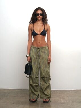 Local European Olive Tie-Front Wide Leg Cargo Pants